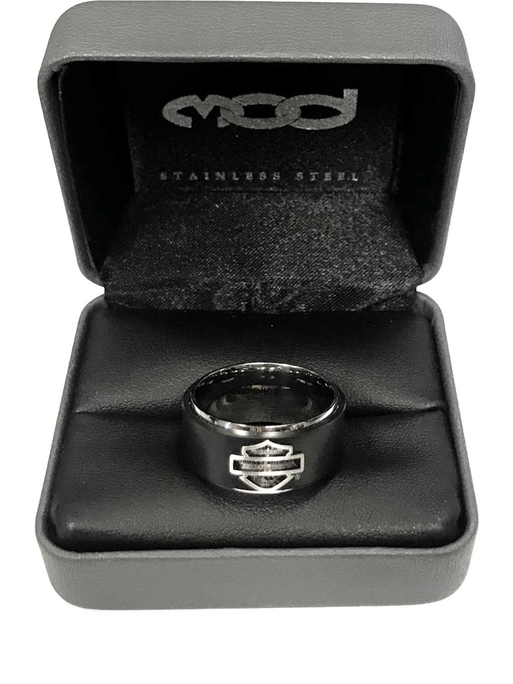 Harley-Davidson Black Stainless Steel Ring with Silver Bar & Shield Emblem